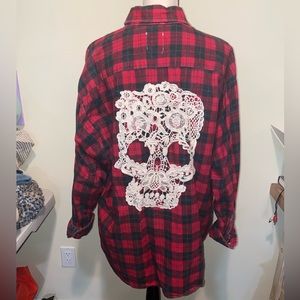 LF Furst of a Kind Oversized Plaid Flannel with Lace Skull